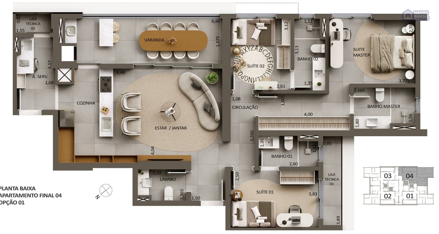 Planta baixa do apartamento tipo, Opção 01, cozinha aberta