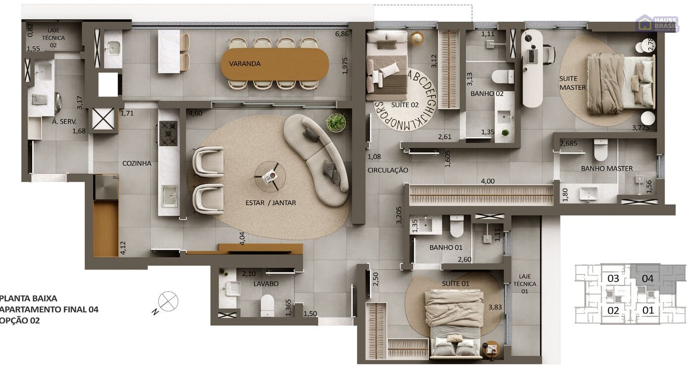 Planta baixa do apartamento tipo, Opção 02, cozinha fechada