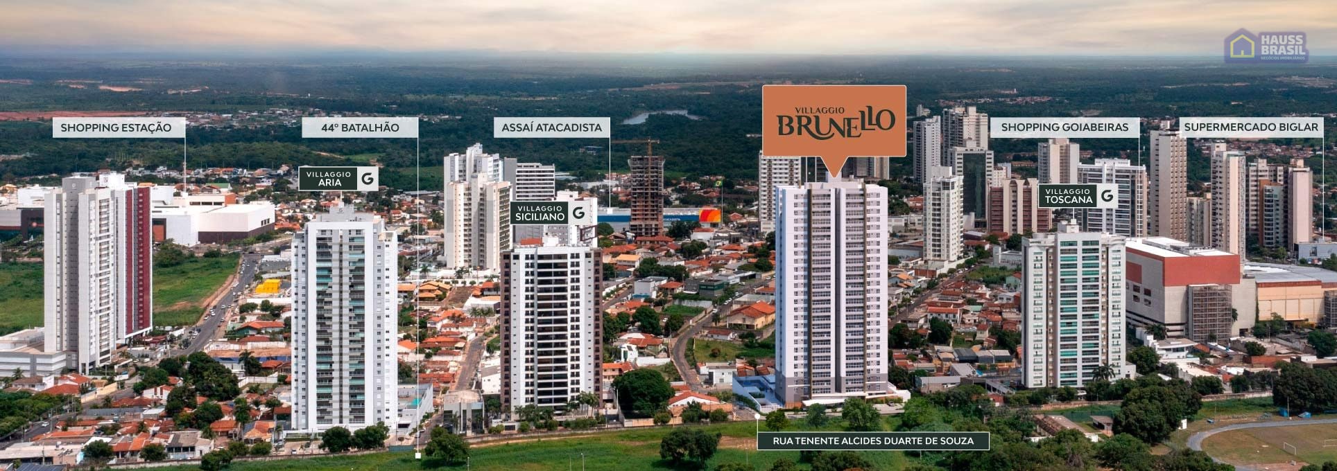 Vista aérea do Villaggio Brunello no Goiabeiras com Shopping Estação, 44º Batalhão, Assaí Atacadista, Shopping Goiabeiras e Supermercado Biglar
