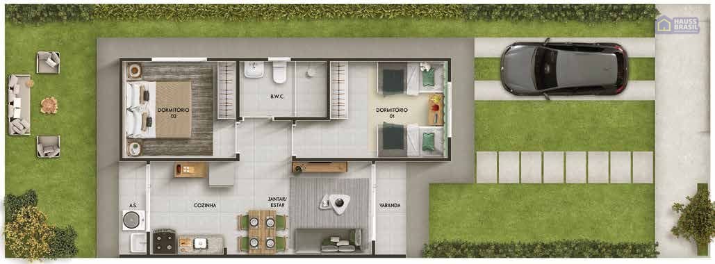Planta padrão da casa de 2 quartos do Villaggio Orquídeas II, 47 m² em lote de 133 m²