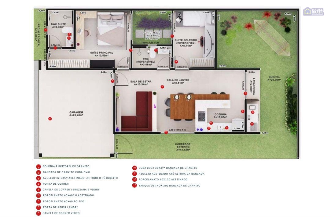 Planta da casa de 2 quartos do Murano Residence, 89,81 m², com suíte principal, suíte reversível, jardim de inverno, garagem e quintal
