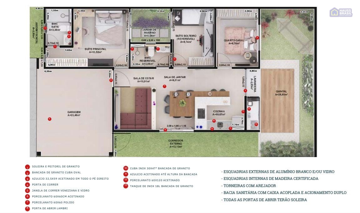 Planta da casa de 3 quartos do Murano Residence, 99,15 m², com suíte principal, suíte reversível, quarto casal, jardim de inverno, garagem e quintal